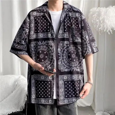 Men Casual Vintage Tiny Flower Print Short Sleeve Lapel Cardigan Shirt