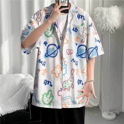 Men Casual Vintage Tiny Flower Print Short Sleeve Lapel Cardigan Shirt