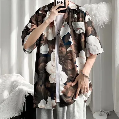 Men Casual Vintage Tiny Flower Print Short Sleeve Lapel Cardigan Shirt