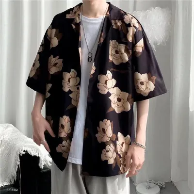 Men Casual Vintage Tiny Flower Print Short Sleeve Lapel Cardigan Shirt