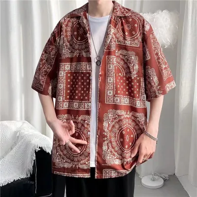 Men Casual Vintage Tiny Flower Print Short Sleeve Lapel Cardigan Shirt