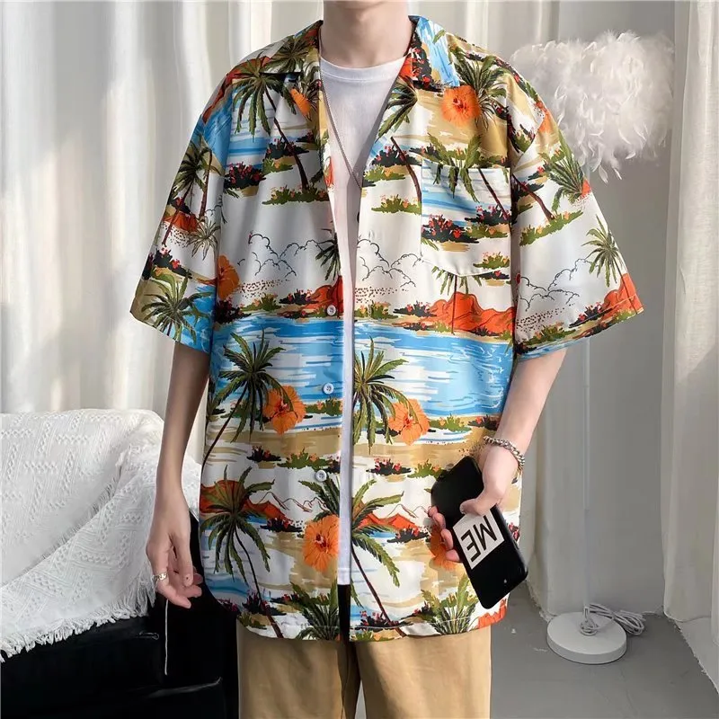 Men Casual Vintage Tiny Flower Print Short Sleeve Lapel Cardigan Shirt