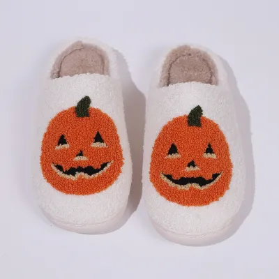 Halloween Women Cute Cartoon Pumpkin Plush Plus Size House Slippers