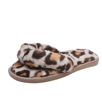 Women's Cozy Leopard Plush Flip Flop Slippers Plus Size