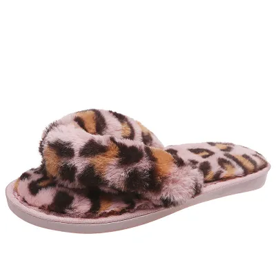 Women's Cozy Leopard Plush Flip Flop Slippers Plus Size