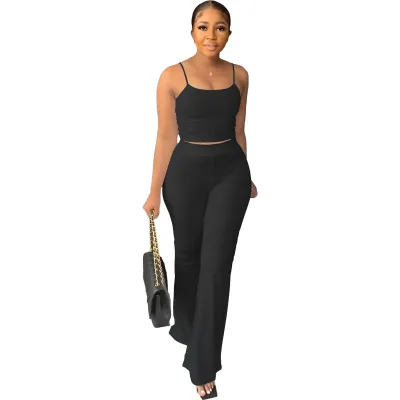 Women Fashion Solid Color Camisole Flared Pants Two-Piece Set