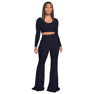 Women Fashion Solid Color Pit Strip Long Sleeve Crop Top Flared Pants Two-Piece Set