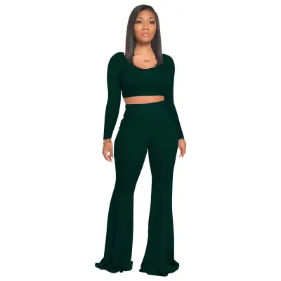 Women Fashion Solid Color Pit Strip Long Sleeve Crop Top Flared Pants Two-Piece Set