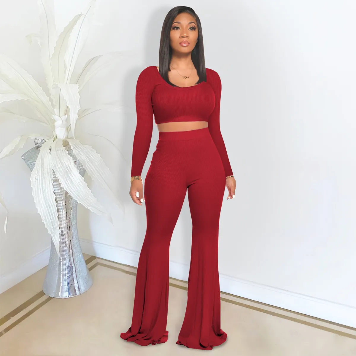 Women Fashion Solid Color Pit Strip Long Sleeve Crop Top Flared Pants Two-Piece Set
