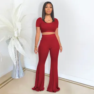 Women Pit Strip Solid Color Short-Sleeved Top Flared Pants Two-Piece Set