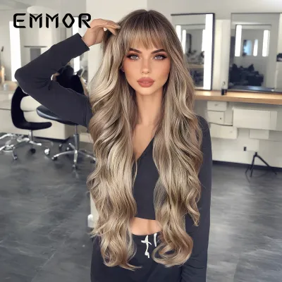 Women Fashion Long Curly Hair Wig With Bangs Natural Breathable