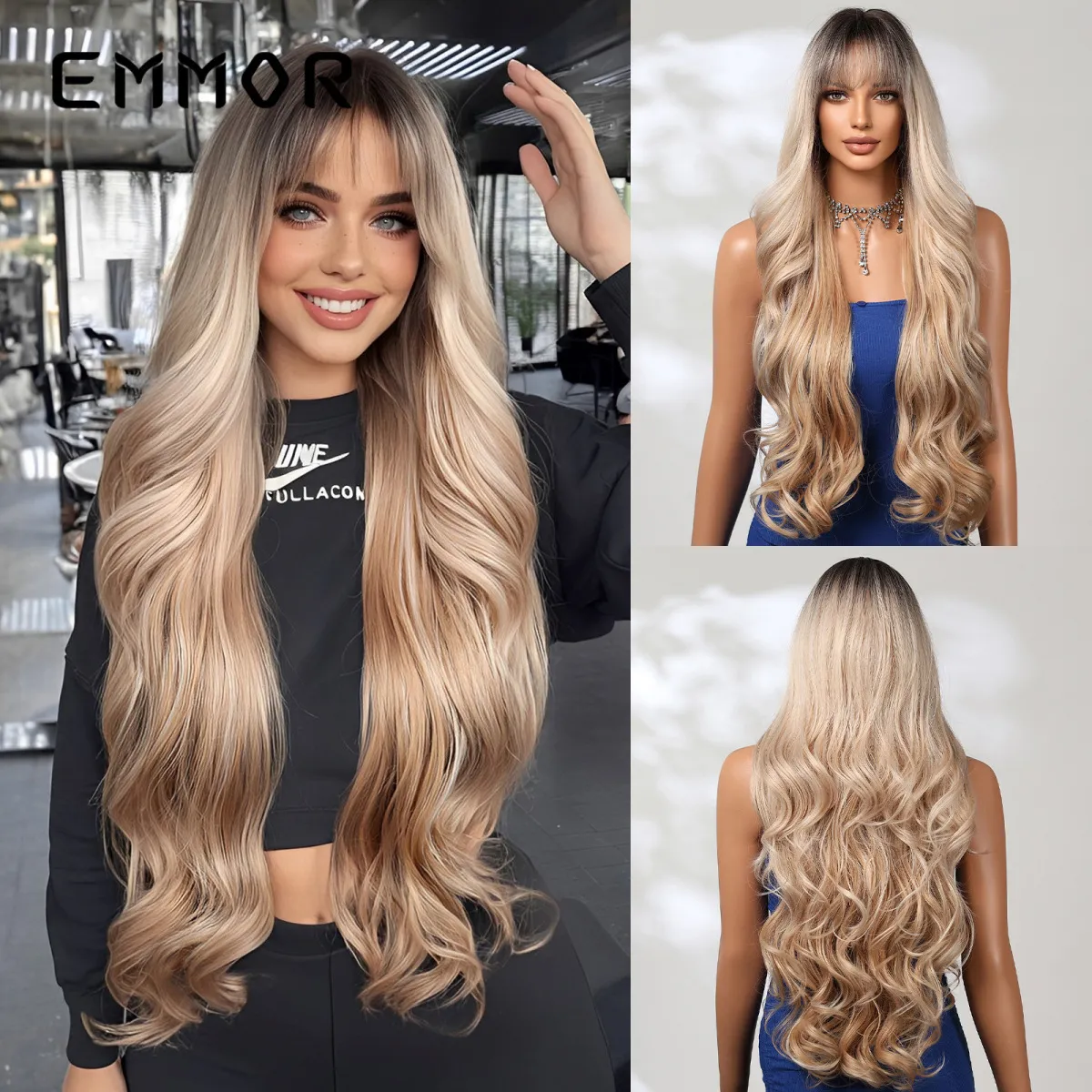 Women Fashion Long Curly Hair Wig With Bangs Natural Breathable