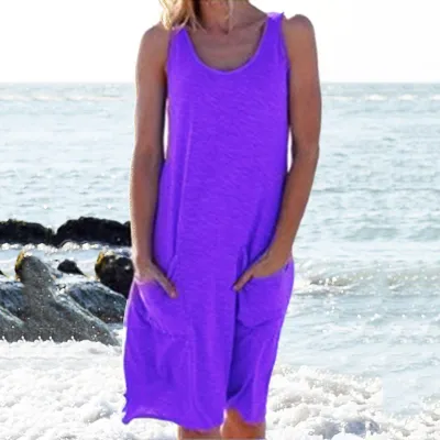 Summer Women Casual Sleeveless Pocket Straps Dress