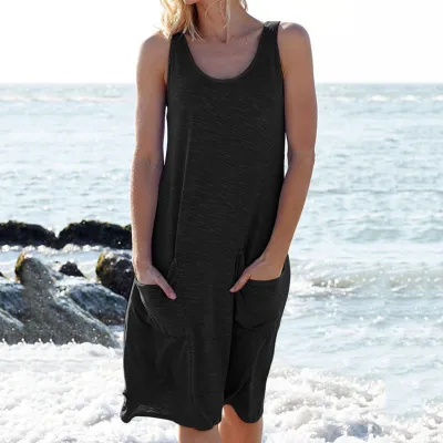 Summer Women Casual Sleeveless Pocket Straps Dress