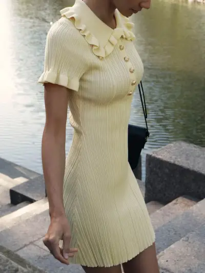 Summer Women's Solid Color Ruffled Lapel Short Sleeve Knitted Dress