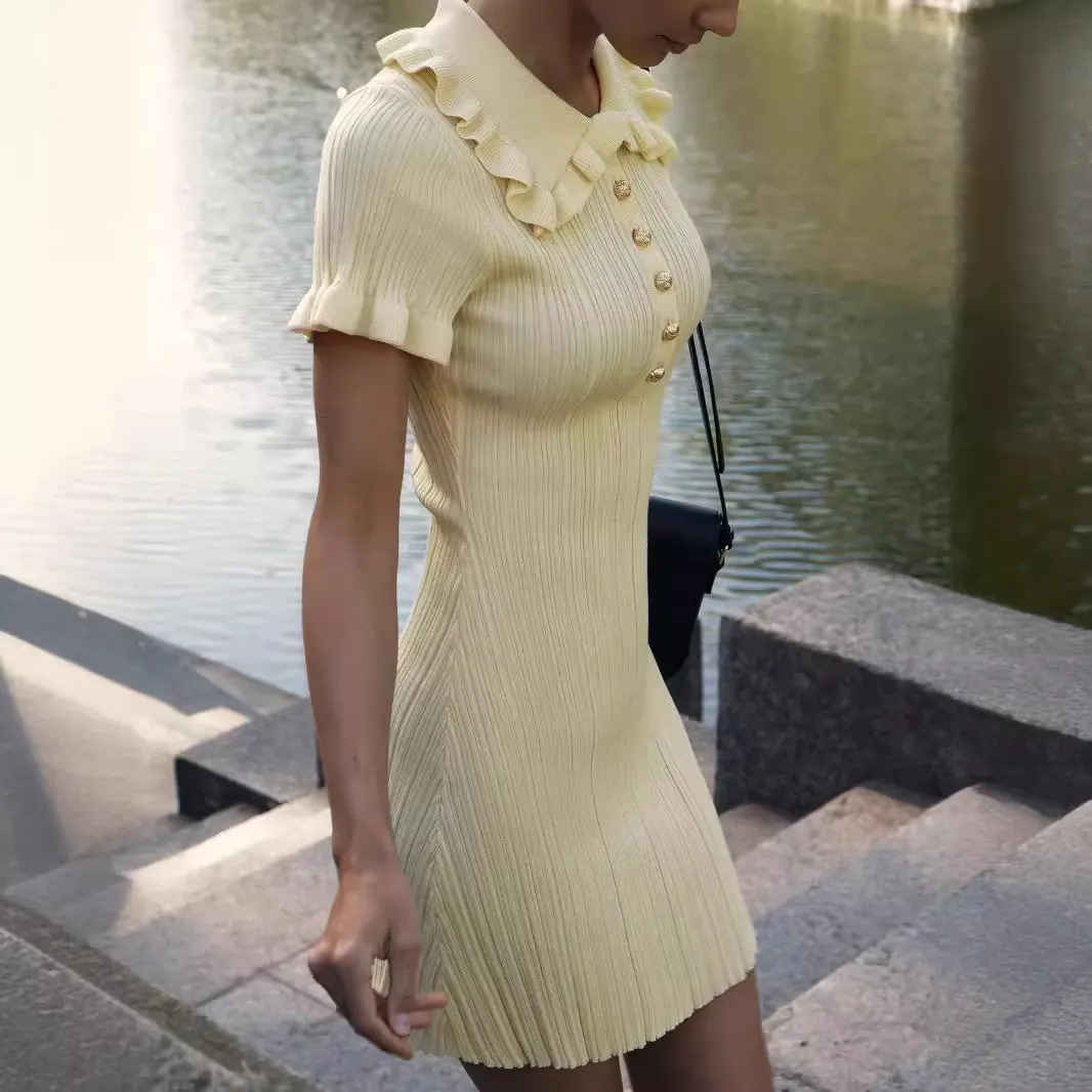 Summer Women's Solid Color Ruffled Lapel Short Sleeve Knitted Dress