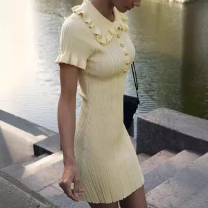 Summer Women's Solid Color Ruffled Lapel Short Sleeve Knitted Dress