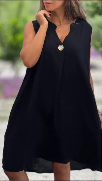Summer Women Casual V-Neck Solid Color Sleeveless Midi Dress