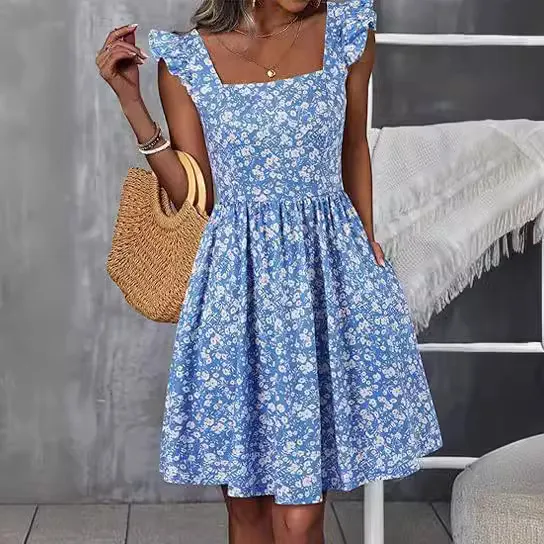 Summer Women Square Collar Floral Printed A-Line Dress