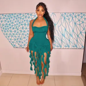 Women Fashion Solid Color Tassel Halter Neck Midi Dress