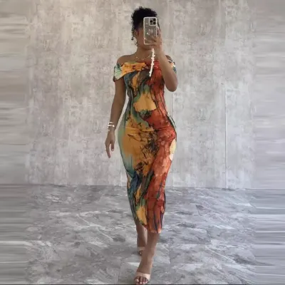Women Fashion Sexy Off Shoulder Graphic Printed Tight Midi Dress