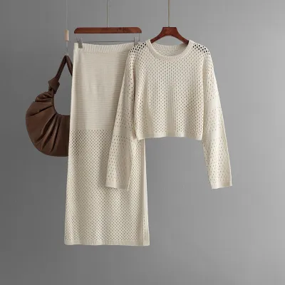Summer Women Knitted Hollow Long-Sleeved Top Skirt Two-Piece Set