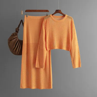 Summer Women Knitted Hollow Long-Sleeved Top Skirt Two-Piece Set