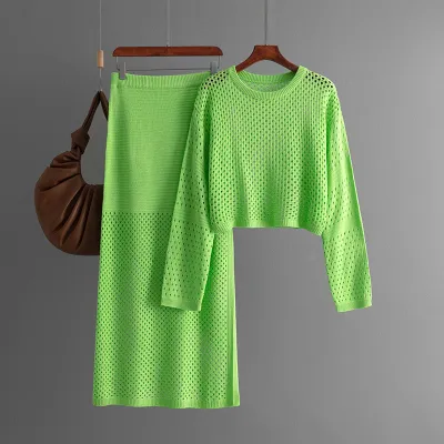 Summer Women Knitted Hollow Long-Sleeved Top Skirt Two-Piece Set