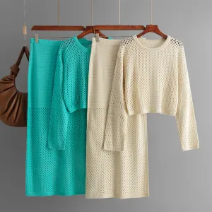 Summer Women Knitted Hollow Long-Sleeved Top Skirt Two-Piece Set