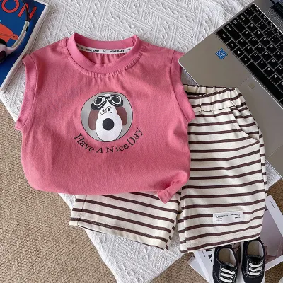 Kids Toddler Boy Casual Cartoon Dog Alphabet Print Sleeveless Top Stripe Shorts Set