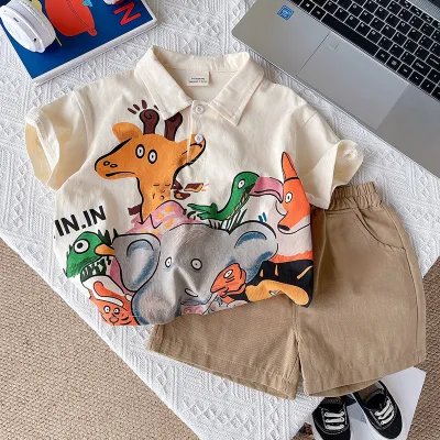 Kids Toddler Boys Casual Cute Cartoon Animals Print Short Sleeve Lapel Shirt Shorts Sets