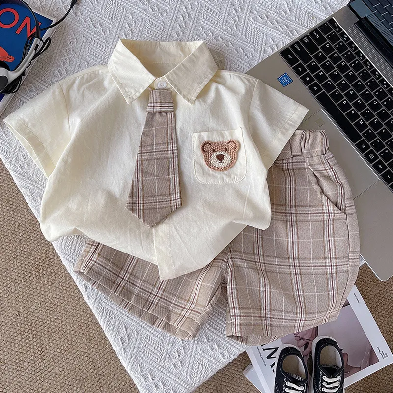 Kids Toddler Boys Casual Cute Cartoon Bear Short Sleeve Lapel Shirt Plaid Print Shorts Sets