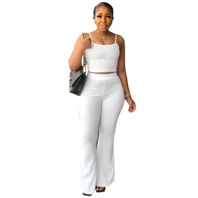 Women Fashion Casual Solid Color Camisole Flare Pants Two-Piece Set
