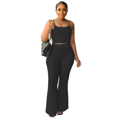 Women Fashion Casual Solid Color Camisole Flare Pants Two-Piece Set