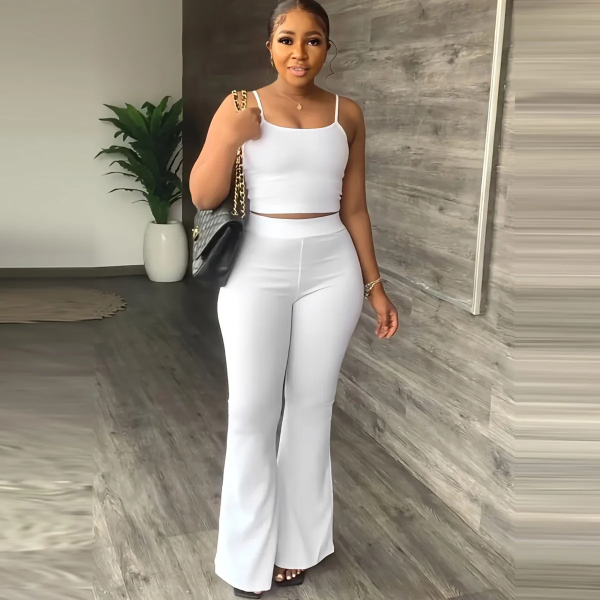 Women Fashion Casual Solid Color Camisole Flare Pants Two-Piece Set