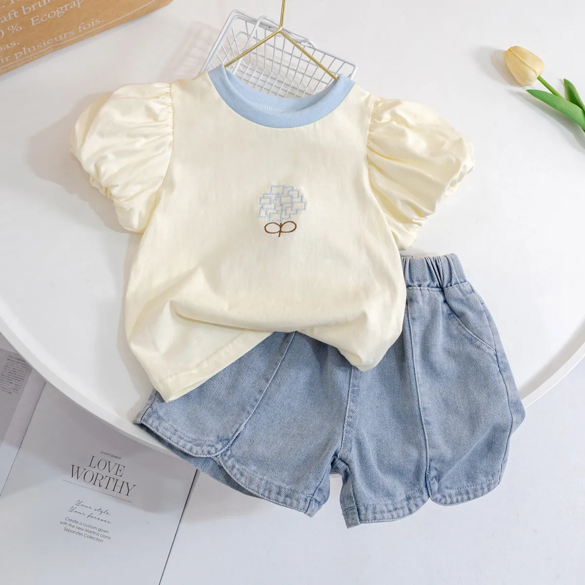Kids Toddler Girls Casual Cute Flower Embroidery Puff Sleeve T-Shirt Denim Shorts Sets 2-Piece
