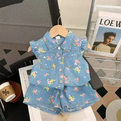 Kids Toddler Girls Casual Tiny Flower Print Denim Raglan Sleeve Lapel Blouses Shorts Sets Two-Piece