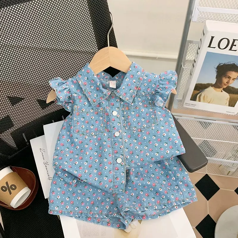 Kids Toddler Girls Casual Tiny Flower Print Denim Raglan Sleeve Lapel Blouses Shorts Sets Two-Piece