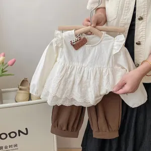 Kids Toddler Girls Casual Cute Solid Color Long Sleeve Blouses Trousers Set Cotton Pullover Two-Piece