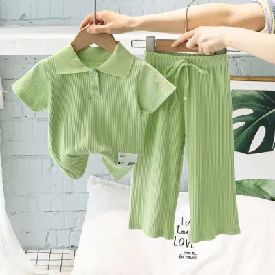Kids Toddler Girls Casual Solid Color Striped Short Sleeve Lapel Shirt Capri Pants Set