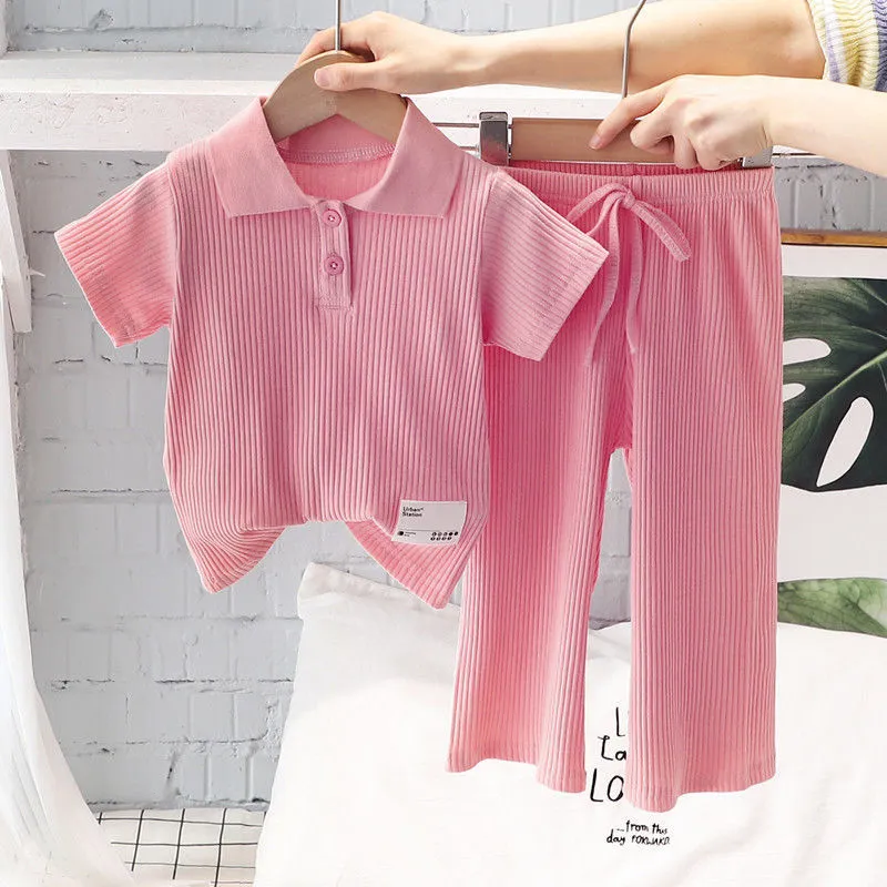 Kids Toddler Girls Casual Solid Color Striped Short Sleeve Lapel Shirt Capri Pants Set