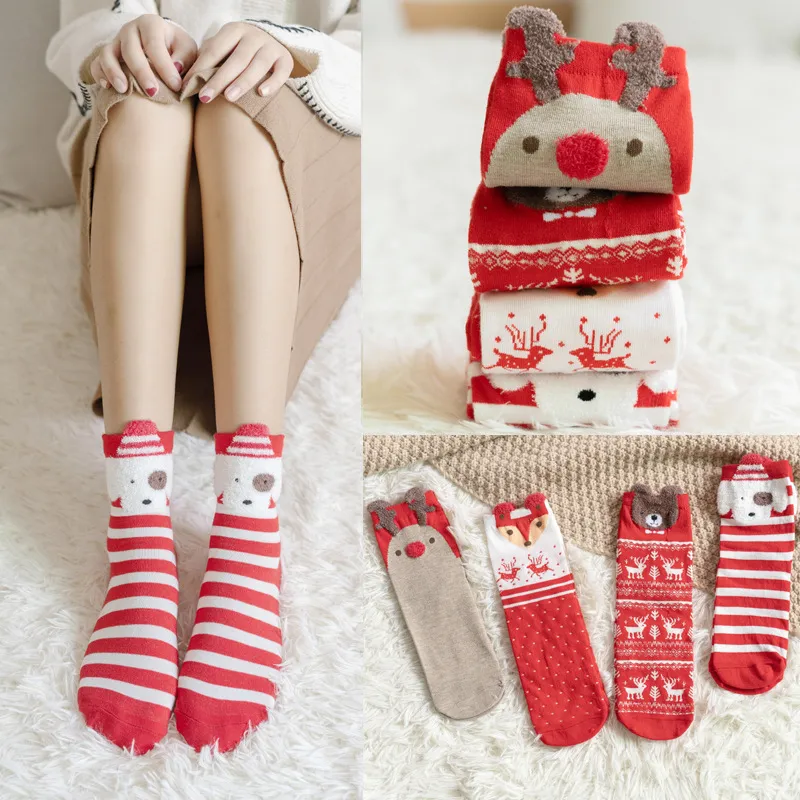 Women Cute Cartoon Christmas Elk Bear Socks 4 Pairs Bag