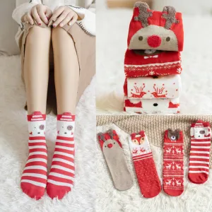 Women Cute Cartoon Christmas Elk Bear Socks 4 Pairs Bag