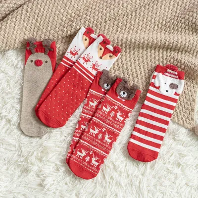 Women Cute Cartoon Christmas Elk Bear Socks 4 Pairs Bag