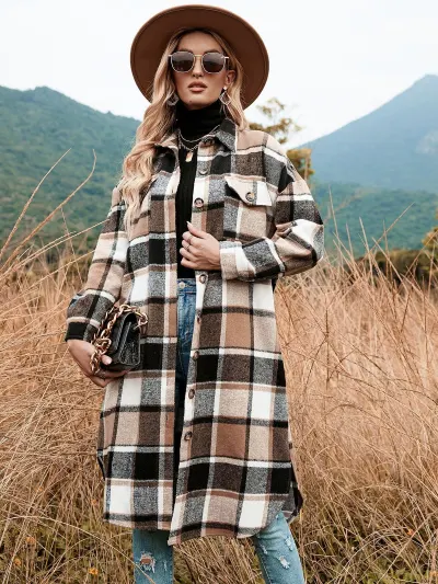Autumn Winter Women Plaid Woolen Long Sleeve Jacket
