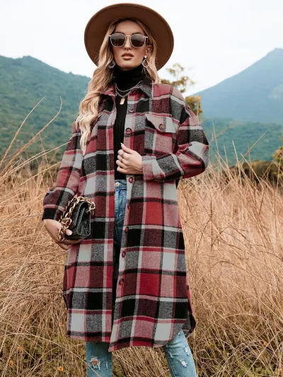 Autumn Winter Women Plaid Woolen Long Sleeve Jacket