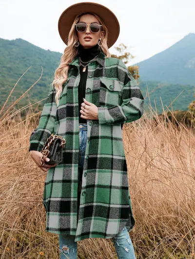 Autumn Winter Women Plaid Woolen Long Sleeve Jacket