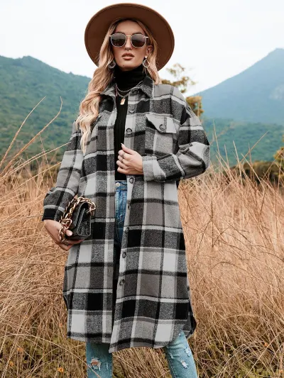 Autumn Winter Women Plaid Woolen Long Sleeve Jacket
