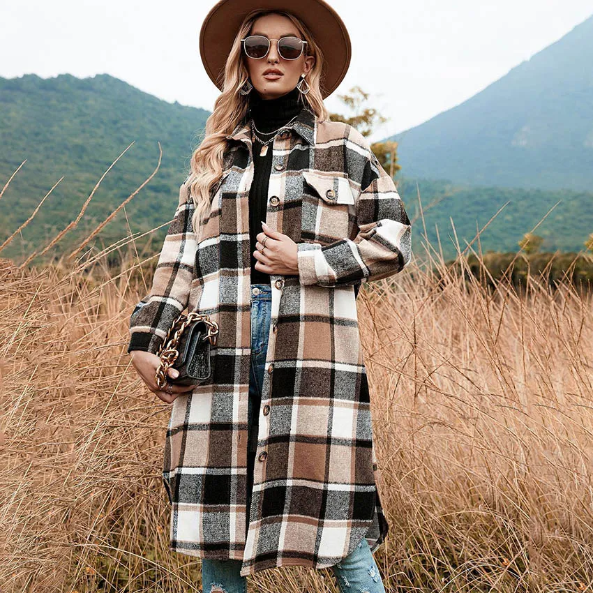 Autumn Winter Women Plaid Woolen Long Sleeve Jacket