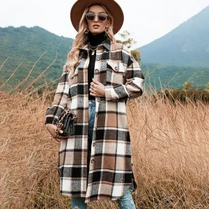 Autumn Winter Women Plaid Woolen Long Sleeve Jacket